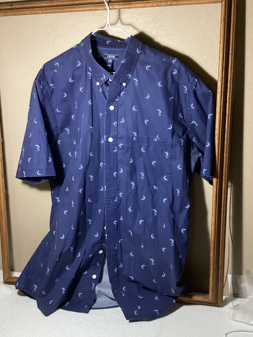 Izod Navy Short Sleeve Button-Down with White Sailfish Motif